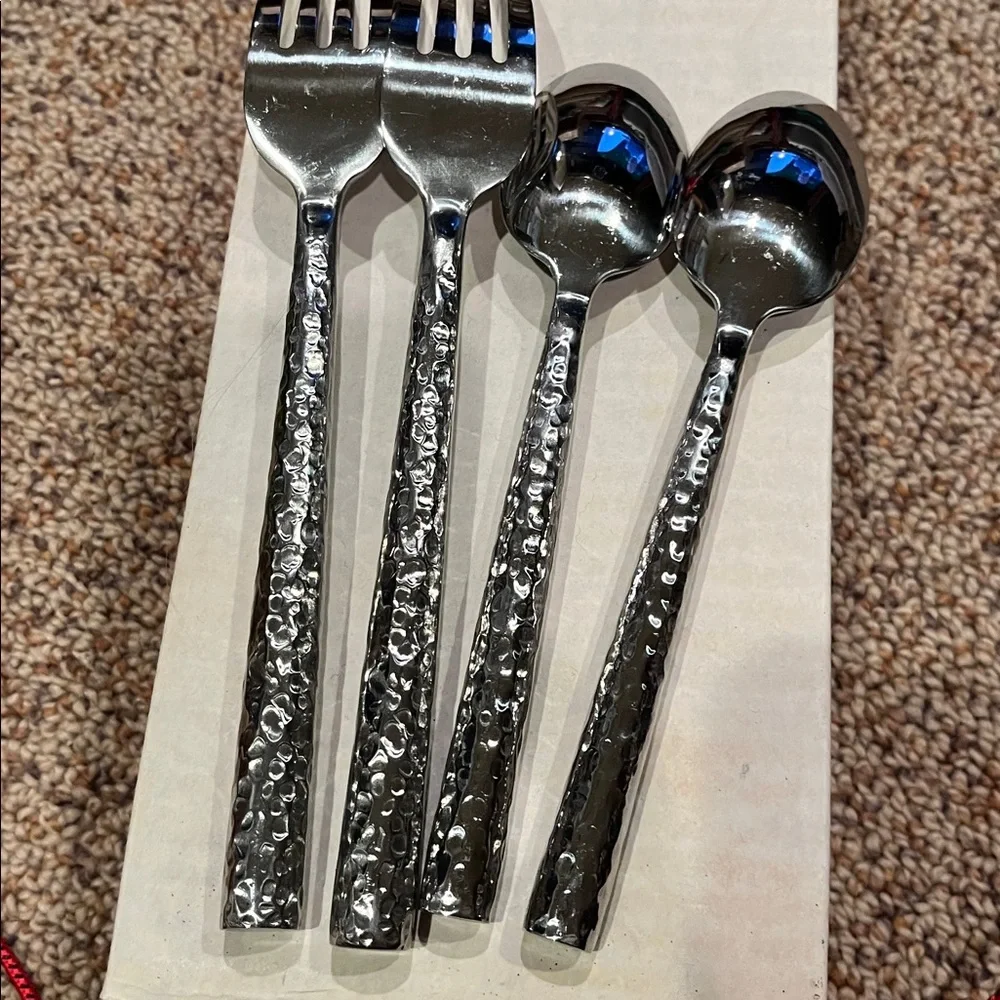 World Market heavy hammered stainless steel flatware 2 dinner forks 2 spoons EUC